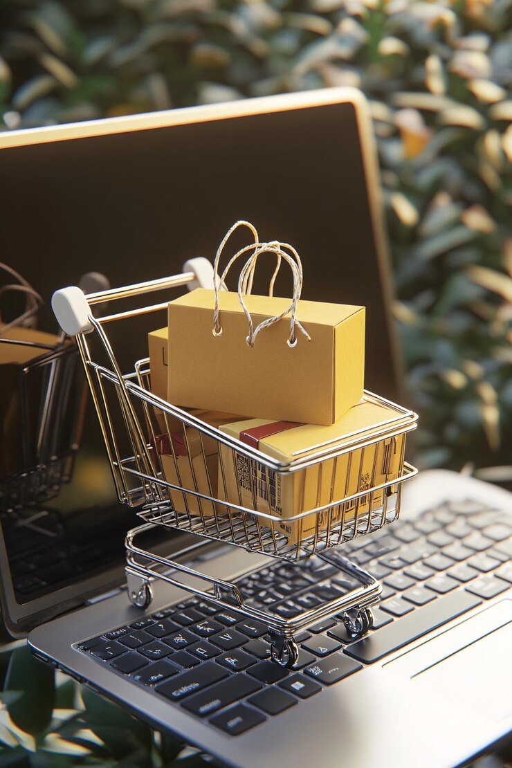 El carrito de compras lleno de cajas de cartón de pie en un teclado de portátil que simboliza las compras en línea