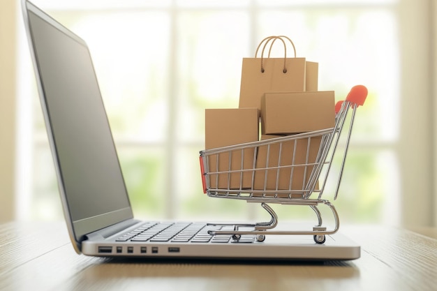El carrito de compras lleno de cajas de cartón de pie en un teclado de portátil