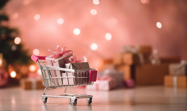 Carrito de compras lleno de cajas de regalos con cintas y arcos en un fondo colorido cumpleaños año nuevo