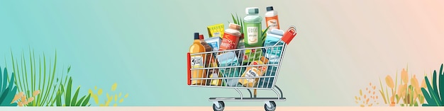 un carrito de compras lleno de comestibles y botellas de jugo