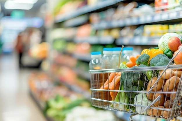 El carrito de compras lleno de comestibles con el fondo borroso del supermercado escena blanca moderna