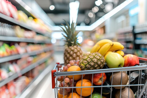 El carrito de compras lleno de comestibles con el fondo borroso del supermercado escena blanca moderna