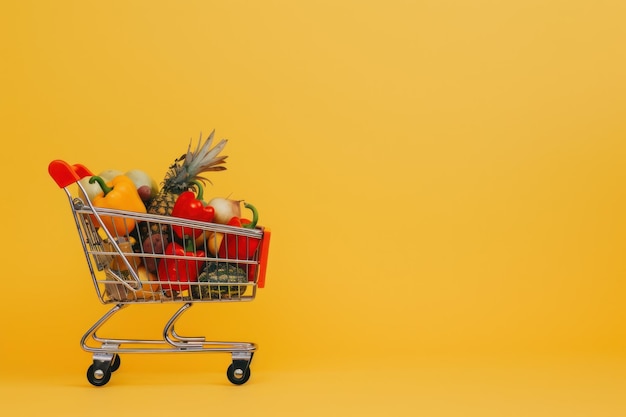 El carrito de compras lleno de comestibles con un fondo de estudio sólido