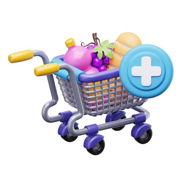 El carrito de compras lleno de comestibles frescos con icono de más
