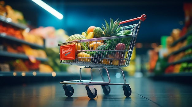 carrito de compras lleno de comestibles en el mercado