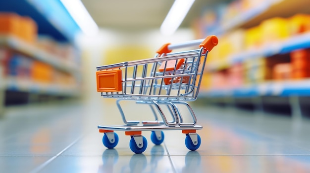carrito de compras lleno de comestibles en el mercado