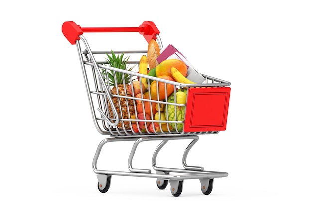 El carrito de compras lleno de comestibles sobre un fondo blanco Rendering 3D