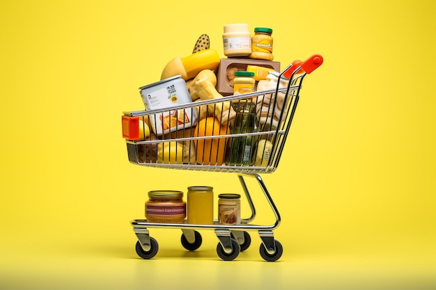 El carrito de compras lleno de comida en el supermercado