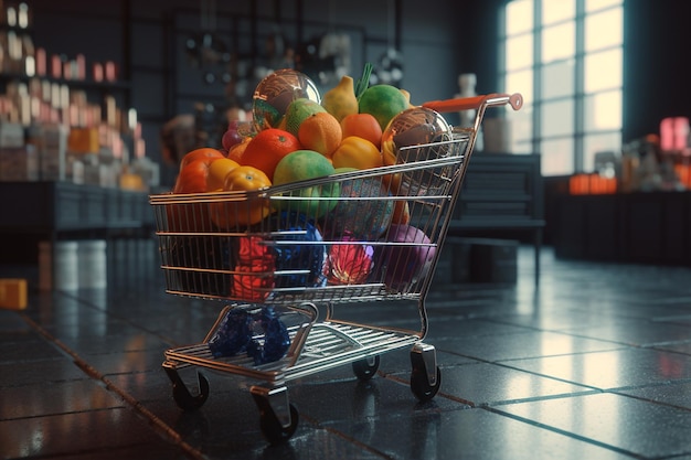 Un carrito de compras lleno de fruta se encuentra en una cocina.