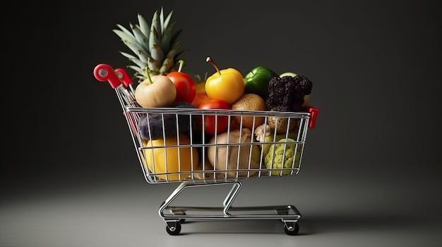 Un carrito de compras lleno de frutas y verduras.