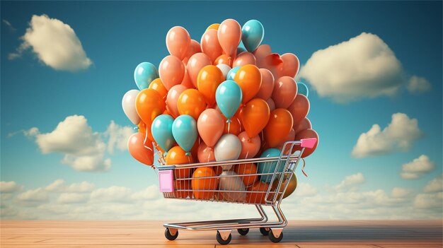 El carrito de compras lleno de globos en el desierto renderización 3D