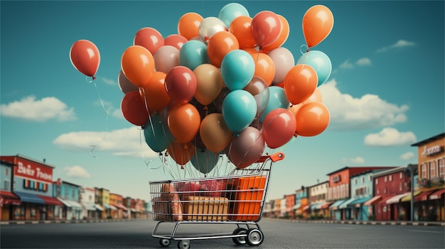 El carrito de compras lleno de globos en el desierto renderización 3D