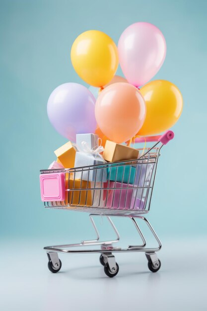 Un carrito de compras lleno de globos y regalos