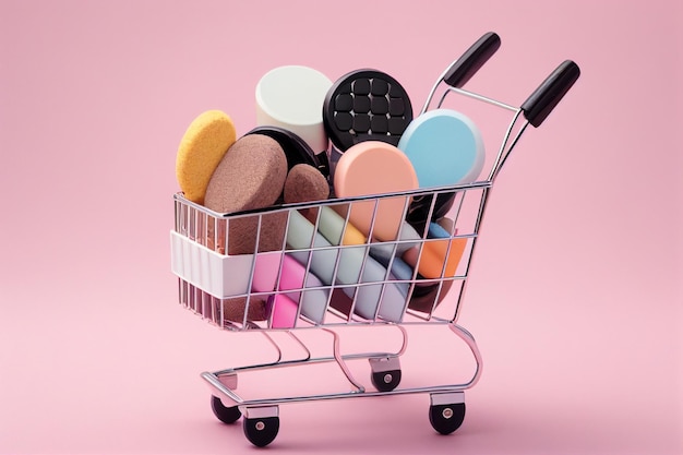 Carrito de compras lleno de productos de maquillaje sobre fondo rosa con espacio de copia ai generativo