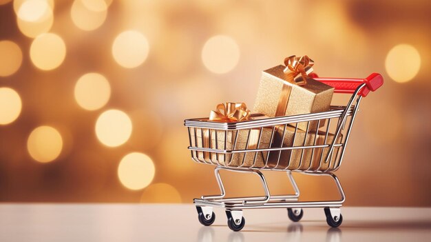 El carrito de compras lleno de regalos dorados con luces bokeh tema de venta navideña