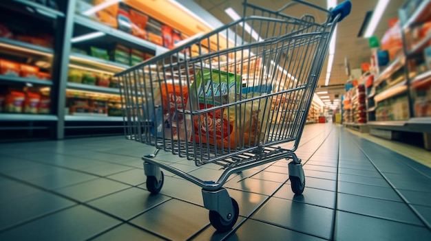 un carrito de compras lleno de todo tipo de cosas generales en la tienda