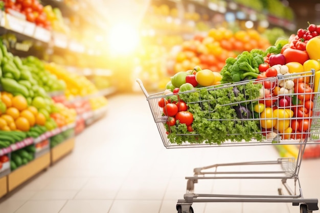 Un carrito de compras lleno de varios alimentos de frutas