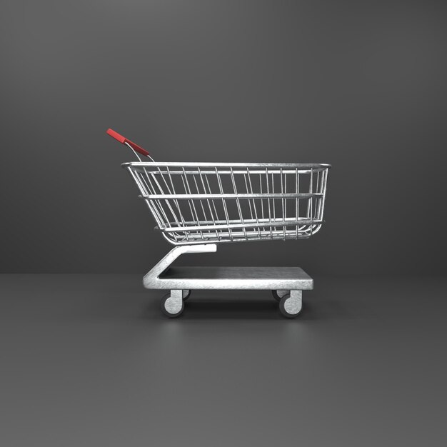 un carrito de compras con un mango rojo se muestra en un fondo gris