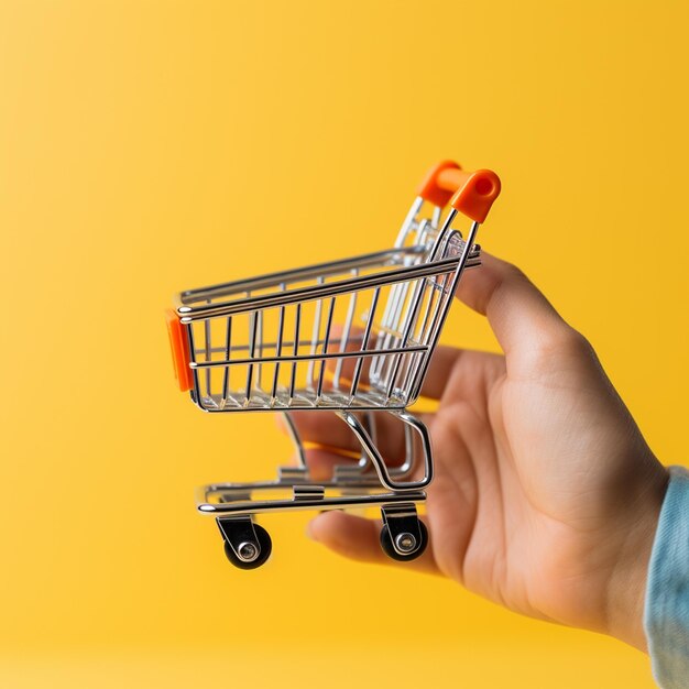 Foto carrito de compras en mano femenina aislado en fondo amarillo concepto de compras