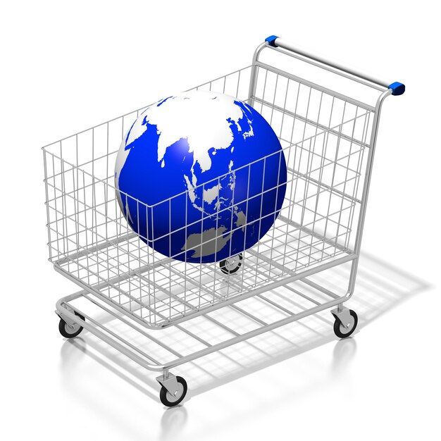 Carrito de compras y mapa del mundo ilustración 3D
