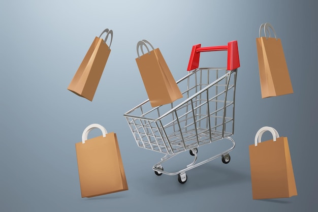 Carrito de compras de metal en la ilustración 3D