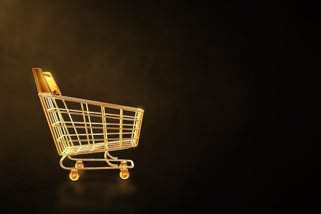 Carrito de compras de metal vacío dorado en fondo oscuro ilustración en 3D