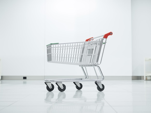 Foto carrito de compras metálico en el pasillo vacío del supermercado generado en el blanco