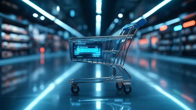 Un carrito de compras metálico con tecnología de IA avanzada que incluye un sistema de navegación incorporado