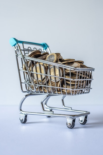 Carrito de compras en miniatura lleno de monedas