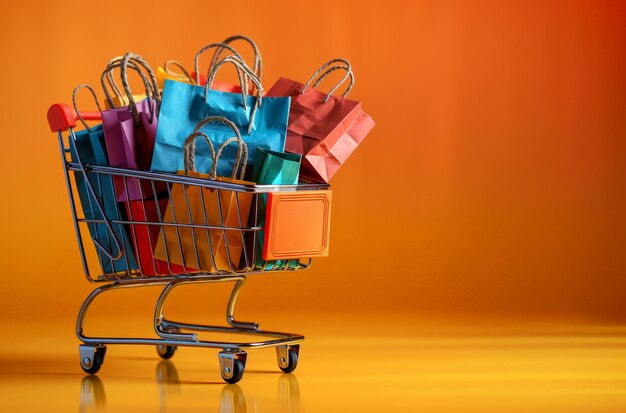 un carrito de compras con un montón de cajas de regalos coloridos en él
