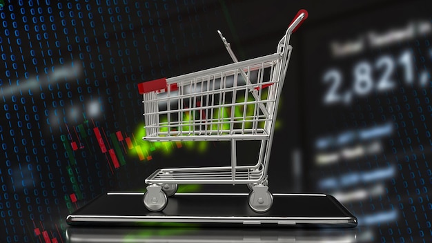 El carrito de compras en móvil para compras electrónicas y compras en línea concepto 3d renderingxA
