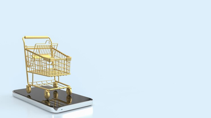 Foto el carrito de compras en móvil para el concepto de marketing en línea renderización 3d
