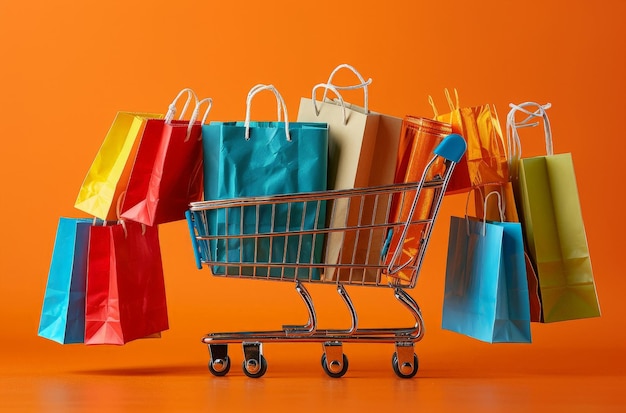un carrito de compras con muchas bolsas de diferentes colores y uno con una bolsa azul en la parte delantera