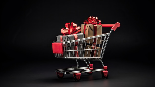 Carrito de compras con muchas cajas de regalos caja de regalos con cinta roja sobre fondo negro oscuro Black Friday