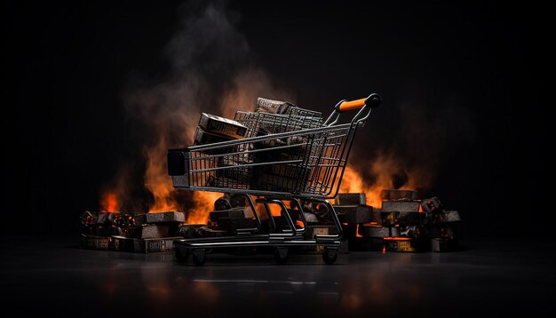 Foto carrito de compras múltiple de viernes negro y fondo negro