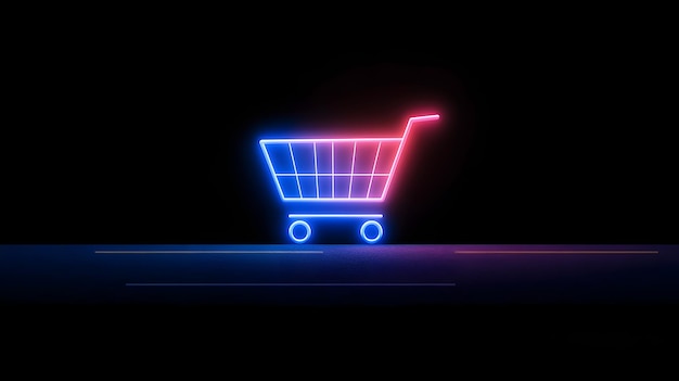 El carrito de compras de neón brilla en la oscuridad