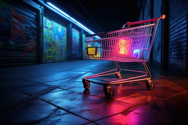 carrito de compras por la noche en un suelo de neón oscuro