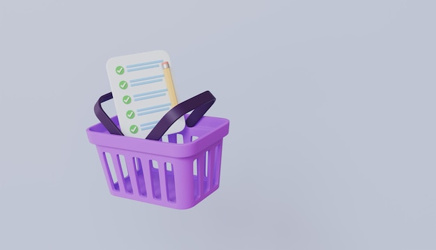 Carrito de compras o canasta con cartón de comprobación lista de comprobación lápiz