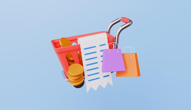 Carrito de compras con pago de facturas de compras y caja bolsas de compras y monedas compras en línea