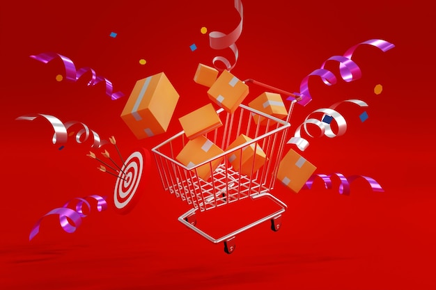 Carrito de compras con paquete de cajas de papel rodeado de concepto de compras y supermercados ilustración de renderizado 3d