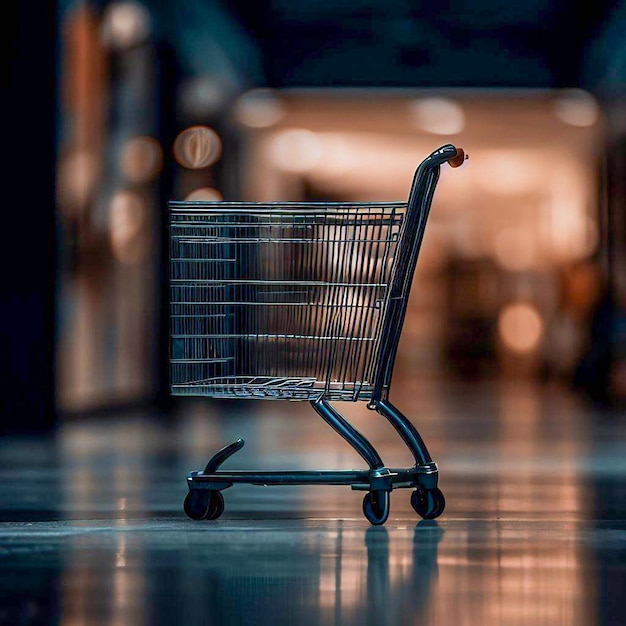 Un carrito de compras en un pasillo oscuro con un fondo borroso.