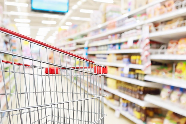 carrito de compras con pasillo de supermercado borroso abstracto y estantes de productos fondo interior