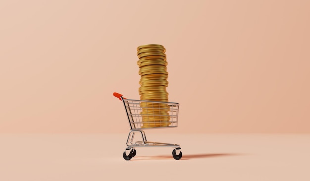 Carrito de compras con pila de monedas de oro Concepto de inflación Representación 3D