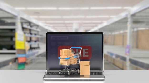 Foto el carrito de compras y el portátil para el concepto de mercado en línea renderización 3d