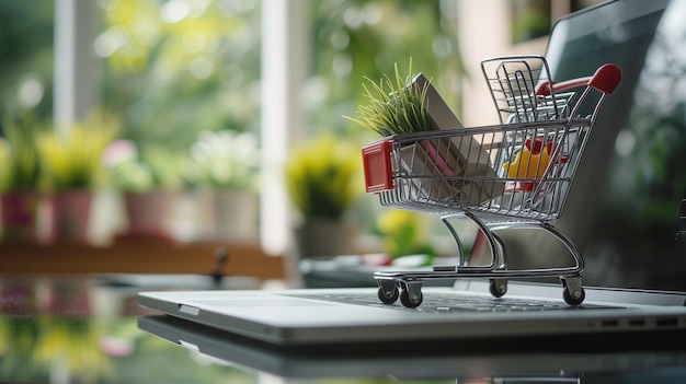 Carrito de compras y portátil en la mesa Concepto de compras en línea