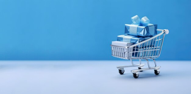 Carrito de compras y regalos en fondo azul bandera de venta venta del viernes negroGenerative Ai