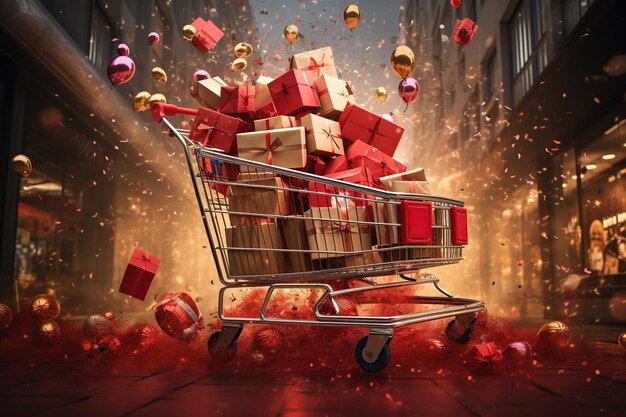 Carrito de compras con regalos de Navidad en el interior con festival al aire libre fondo de compras ventas adicto a las compras concepto de regalos día de boxeo IA Generativa