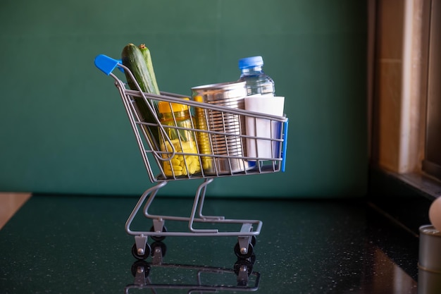 El carrito de compras representa los costos de la vida y los suministros de la casa.