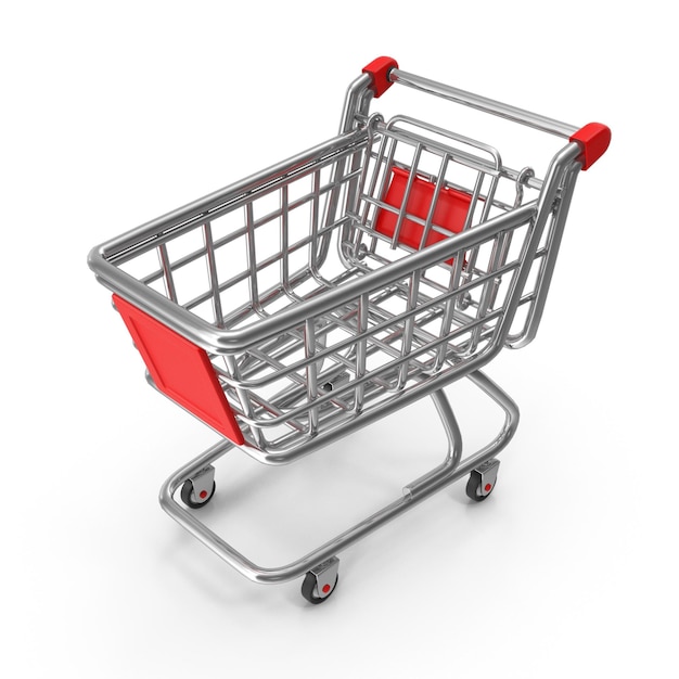 Un carrito de compras rojo brillante y metálico vacío y listo para ser llenado con comestibles