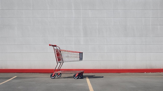 Un carrito de compras rojo se encuentra en un estacionamiento.